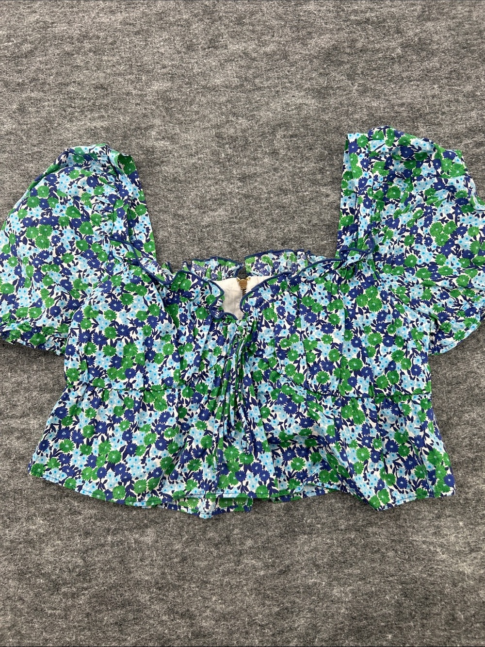 Zara Women’s Blue & Green Floral Puff-Sleeve Crop Top Size Small